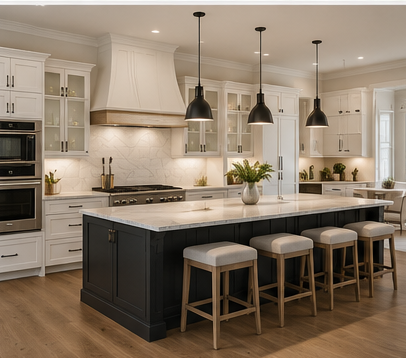 Kitchen island with marble counter, seating for four and warm wood flooring