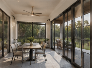 Screened porch with dining area — sliding panels tuned partway open
