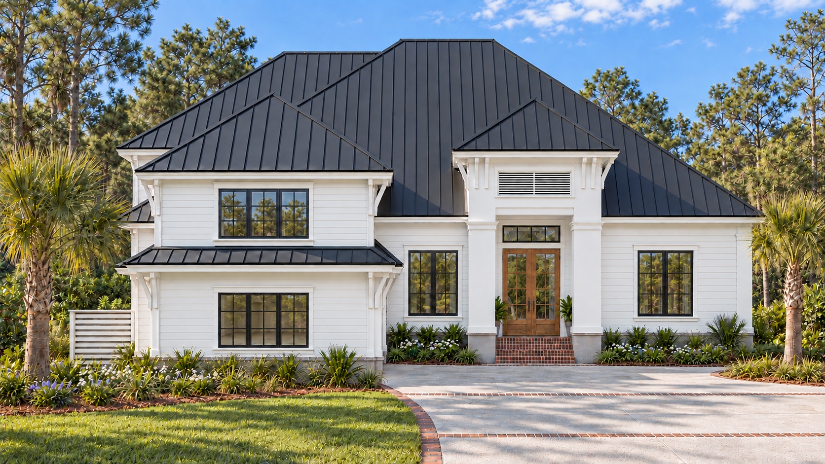 Front elevation of 17 Lynnfield Place by day — crisp white siding, black metal roof and slim black window frames
