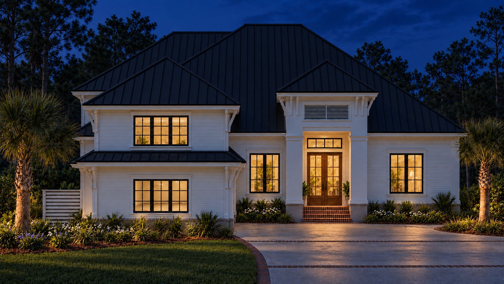 Front approach of 17 Lynnfield Place at night — white fiber cement siding, black standing-seam metal roof and a warmly lit double-door entry