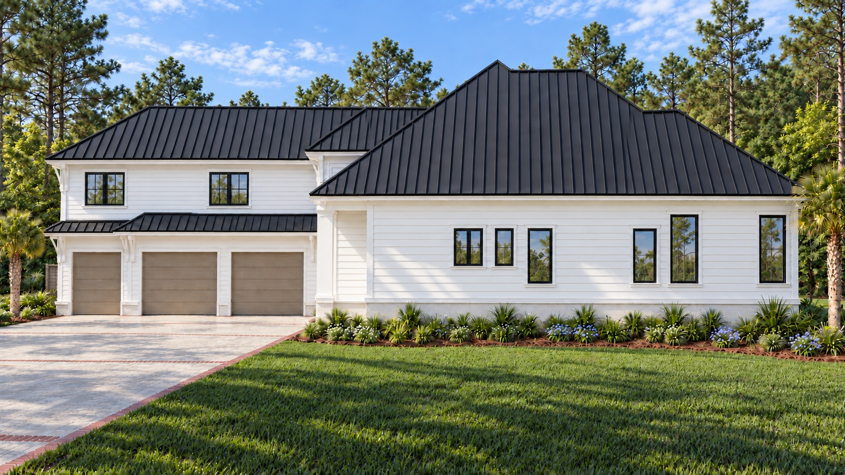 Garage-side elevation with white siding and black metal roof