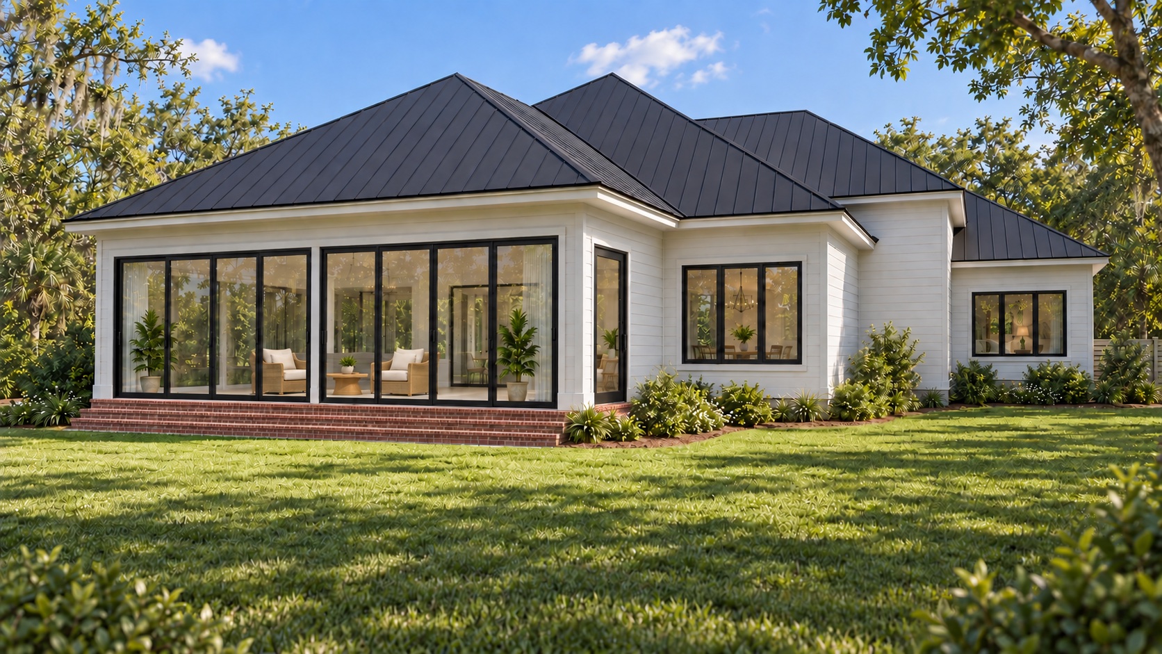 Rear elevation of the residence — walls of black-framed glass beneath the black metal roof, facing the wooded backyard