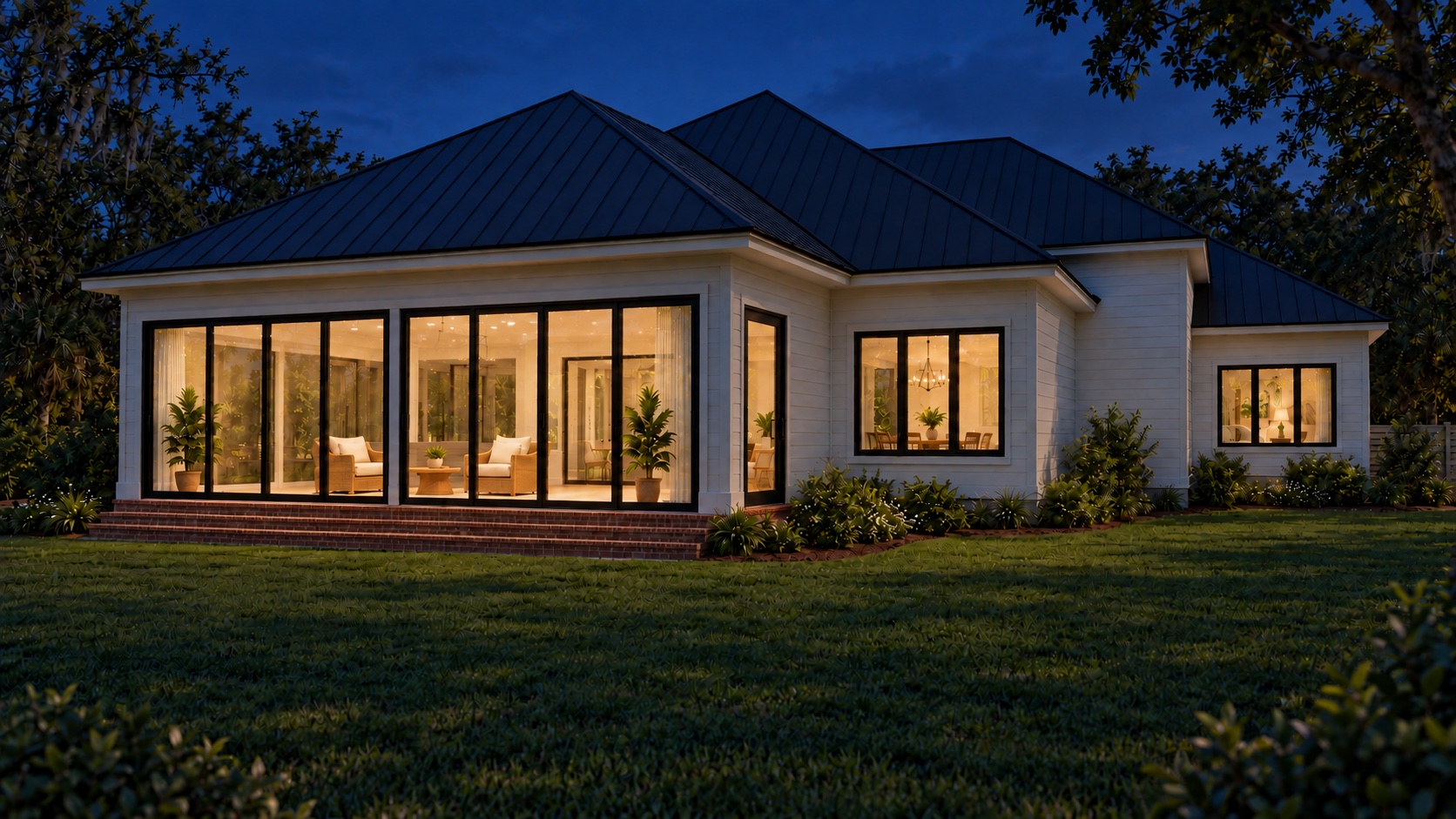 Rear elevation at night — interior light glowing through the glazed porch and windows