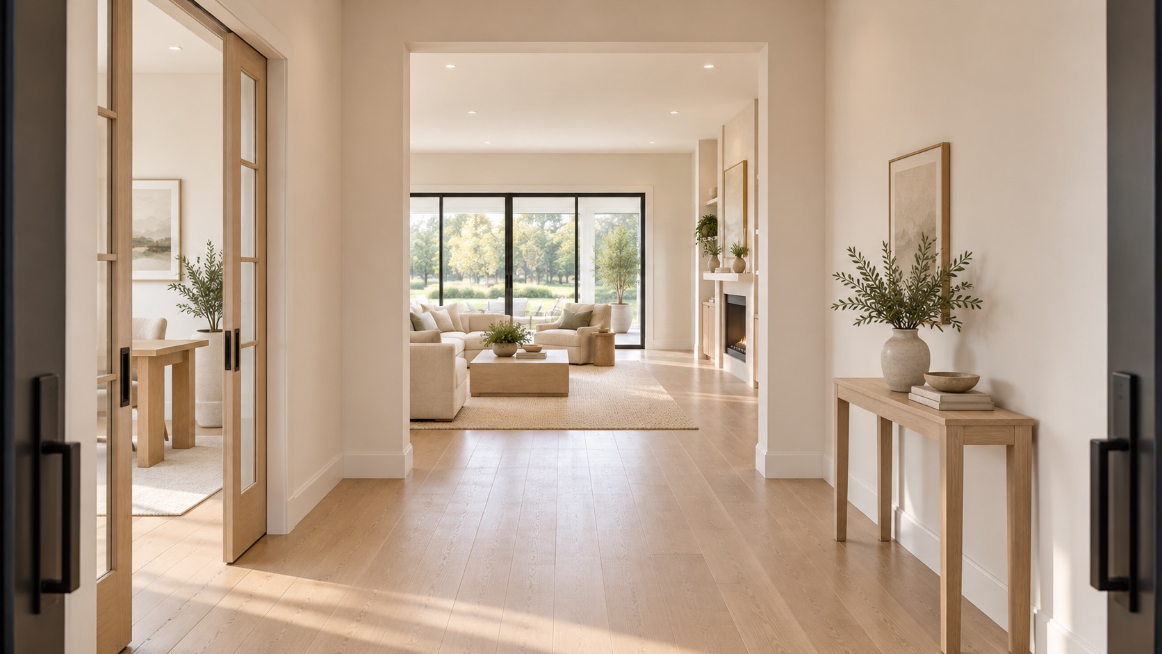 Foyer with a view through the home toward the light-filled living spaces