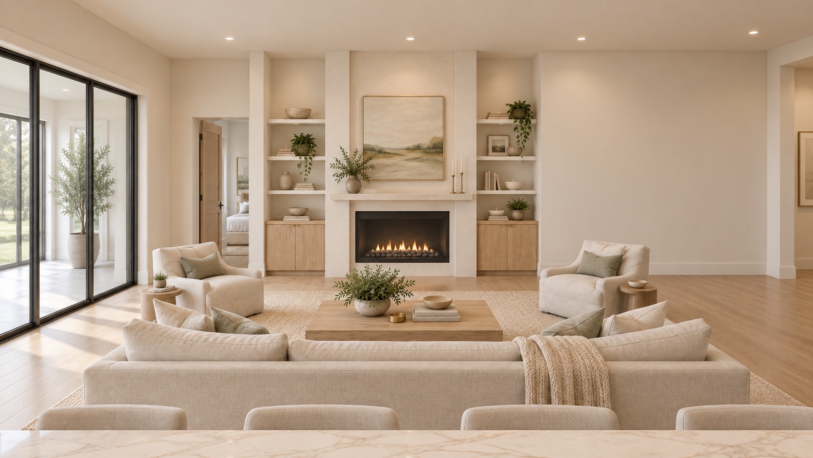 Great room with fireplace, built-ins and glass opening toward the porch