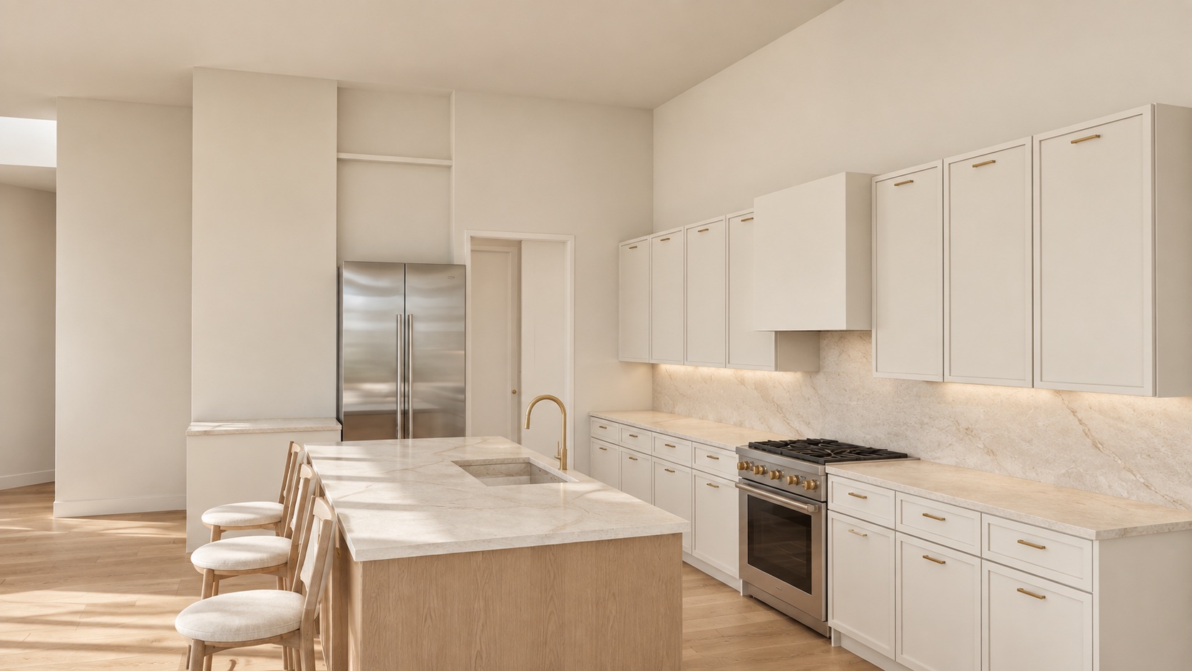 Kitchen with white cabinetry, generous island and natural light