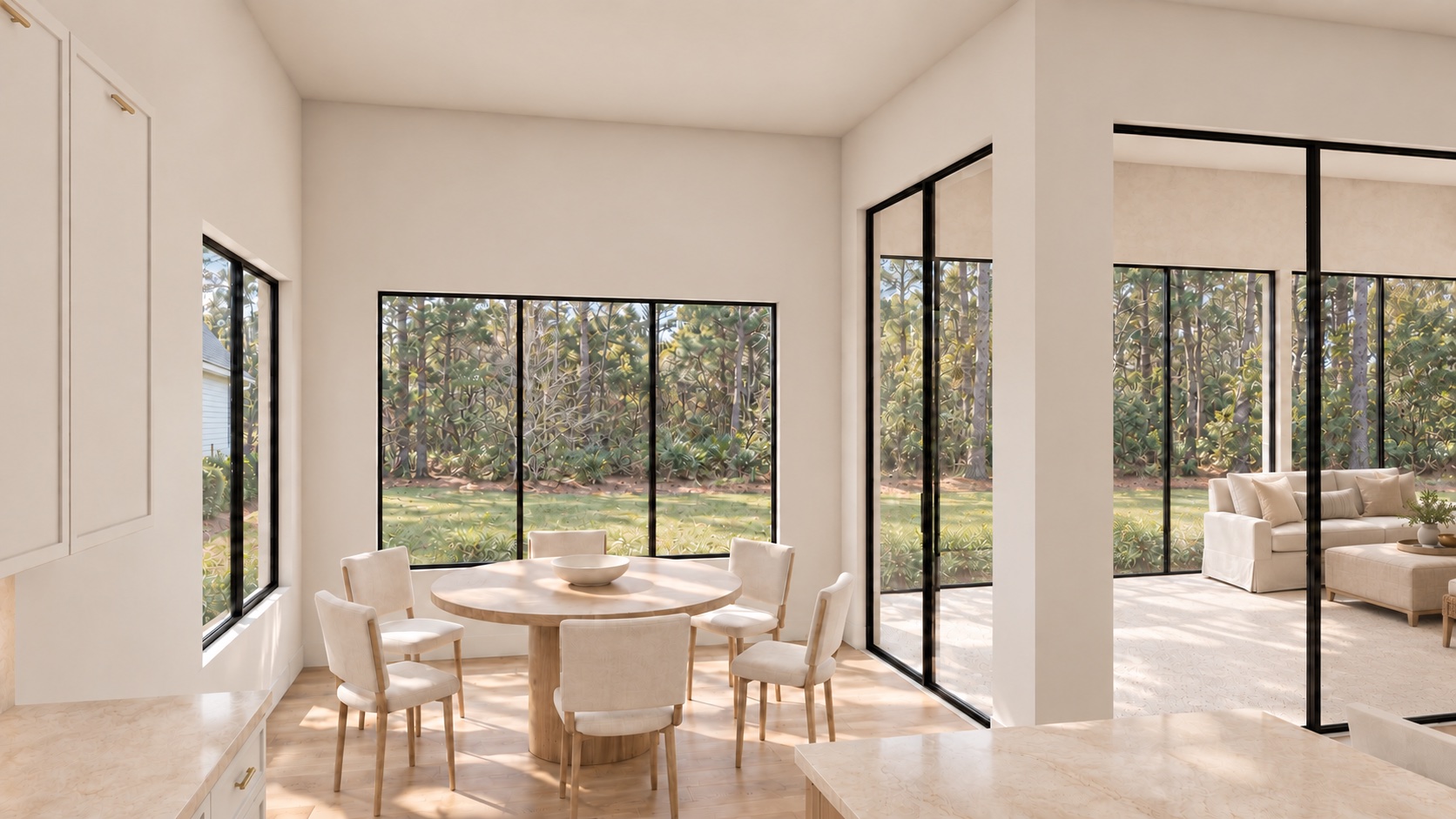 Dining area beside black-framed glass doors to the outdoors