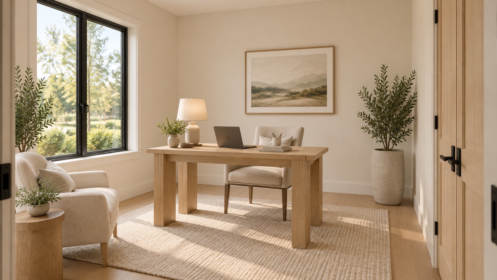 Study with a desk facing the trees through black-framed windows