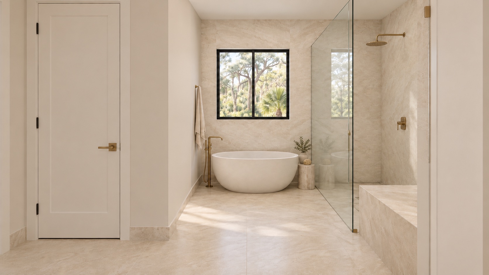 Primary bath with freestanding tub, glass shower and a window to the trees