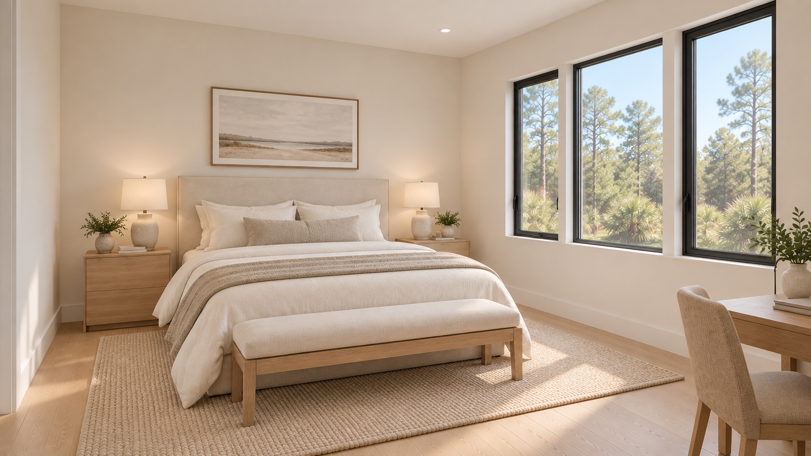 Secondary bedroom with corner windows to the tree canopy
