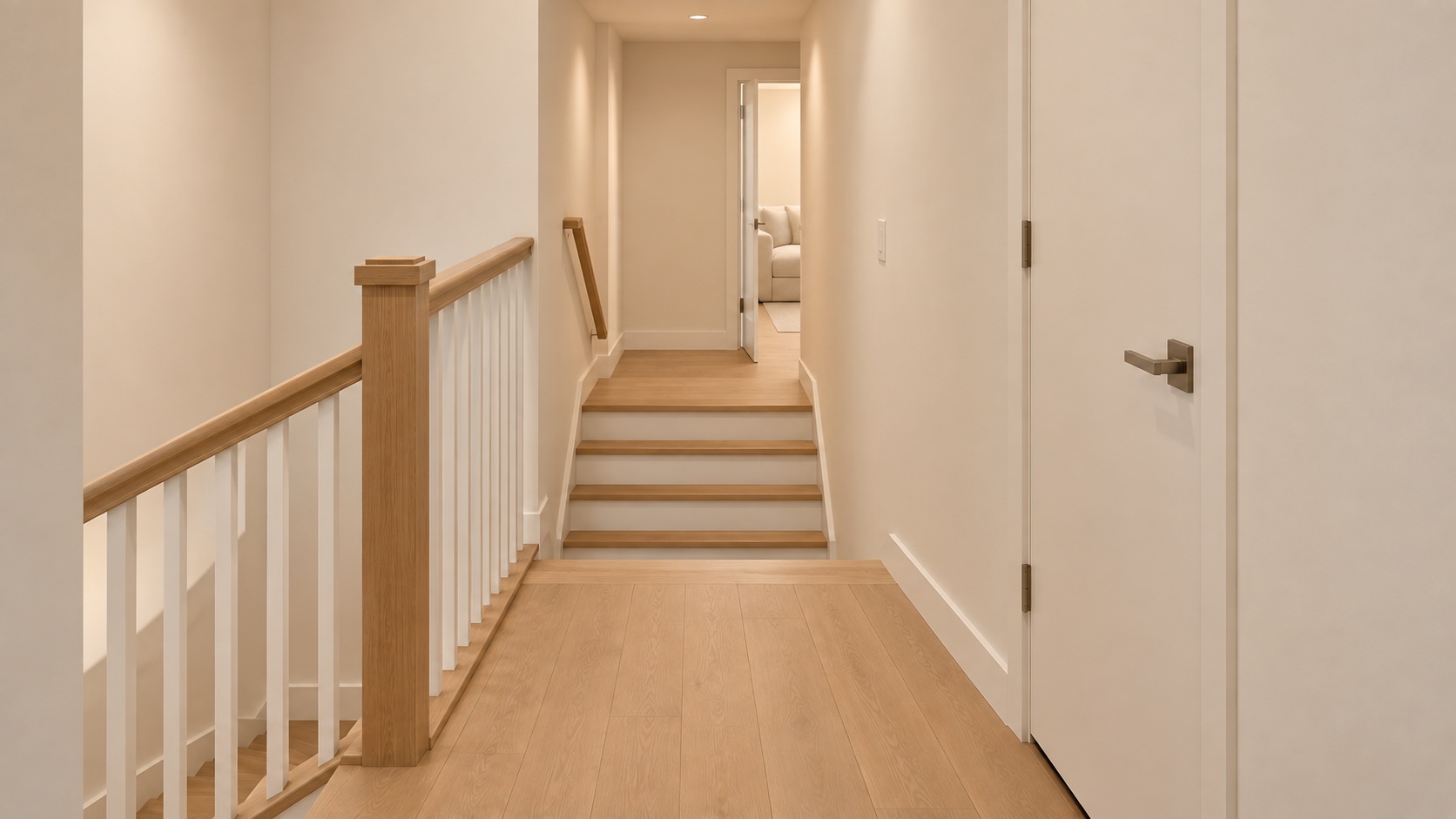 Stair with white oak treads and white risers, lit from above