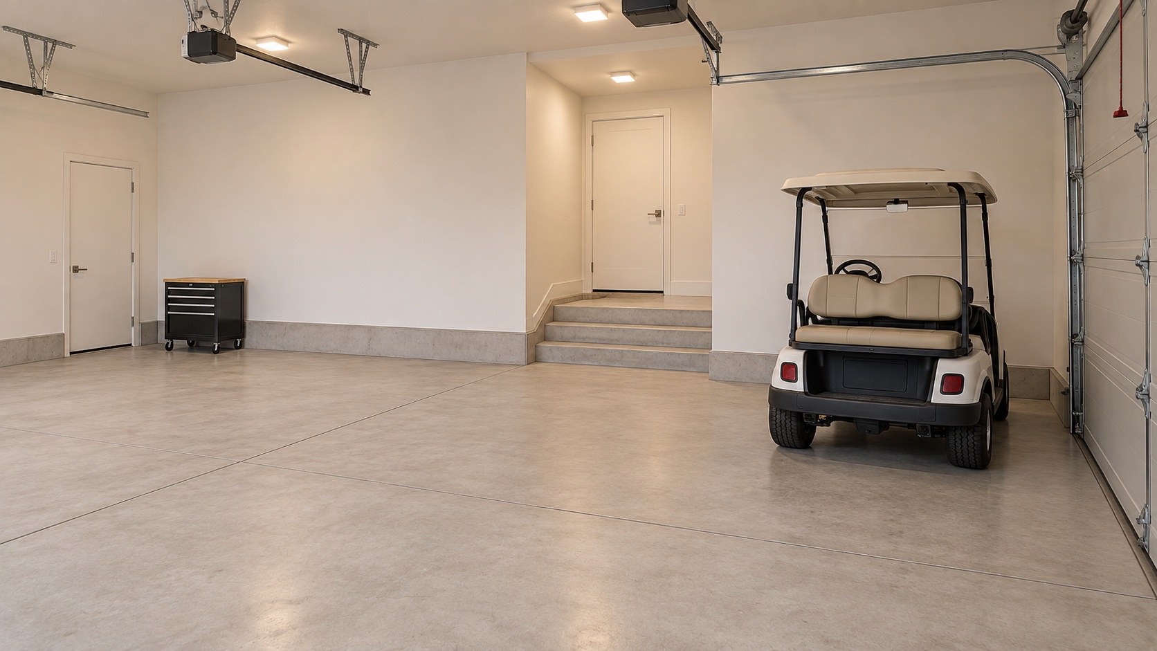 Garage interior with epoxy floor and a golf cart parked inside — Hampton Hall living