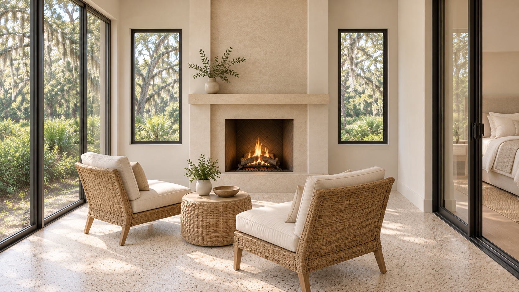 The sunroom fireplace seating area — a protected retreat wrapped in glass and screen