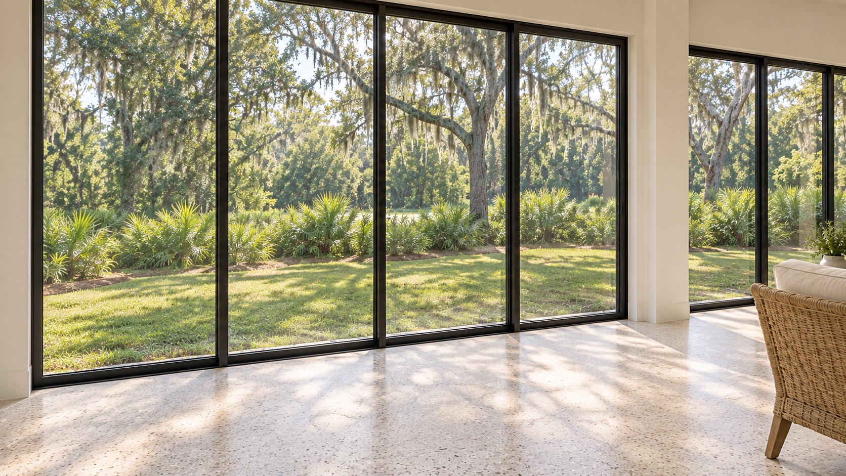 Looking through the porch glazing toward the lawn and moss-draped oaks beyond