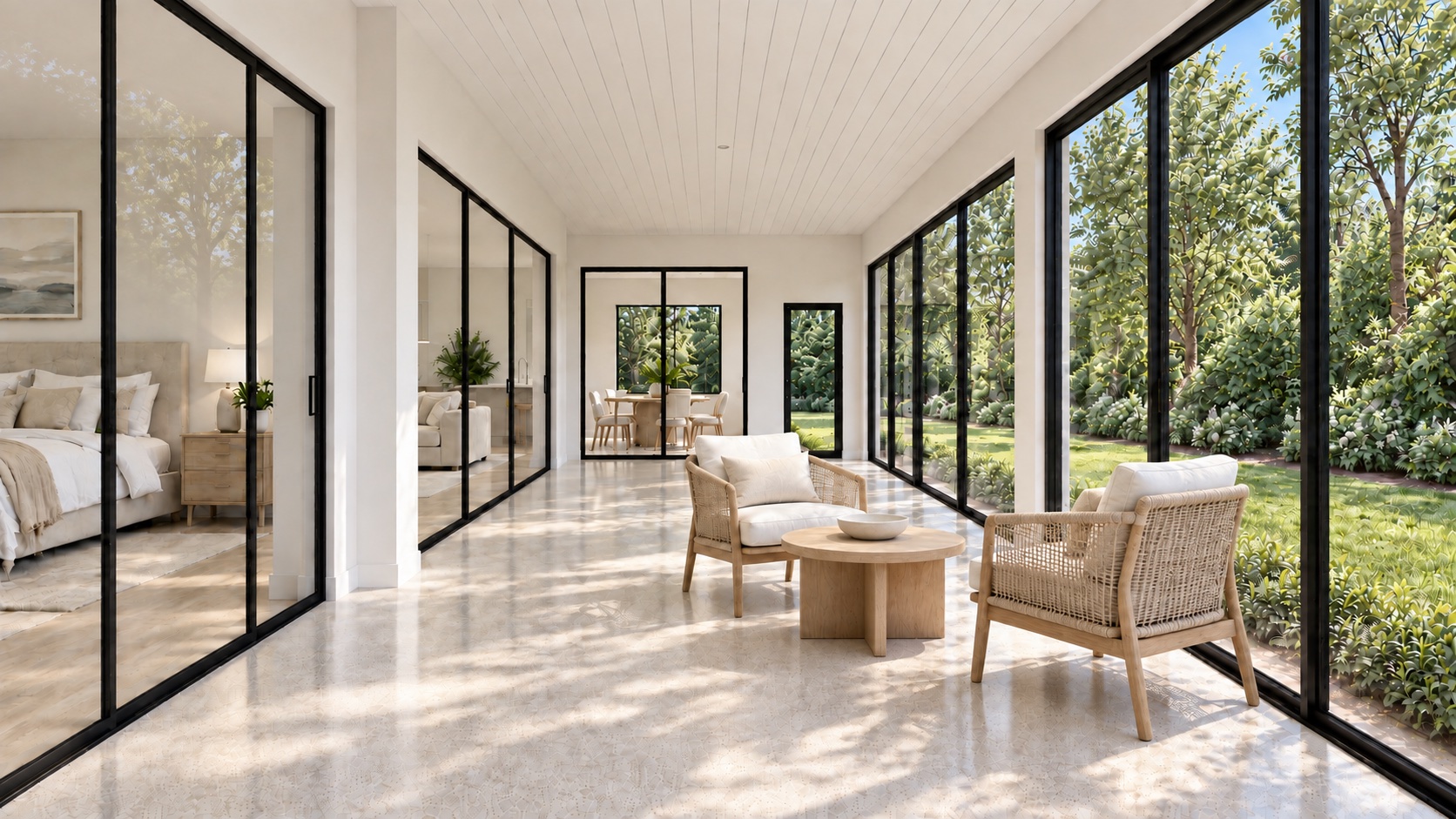 The sunroom in open, light-filled configuration — lounge seating surrounded by glass on both sides