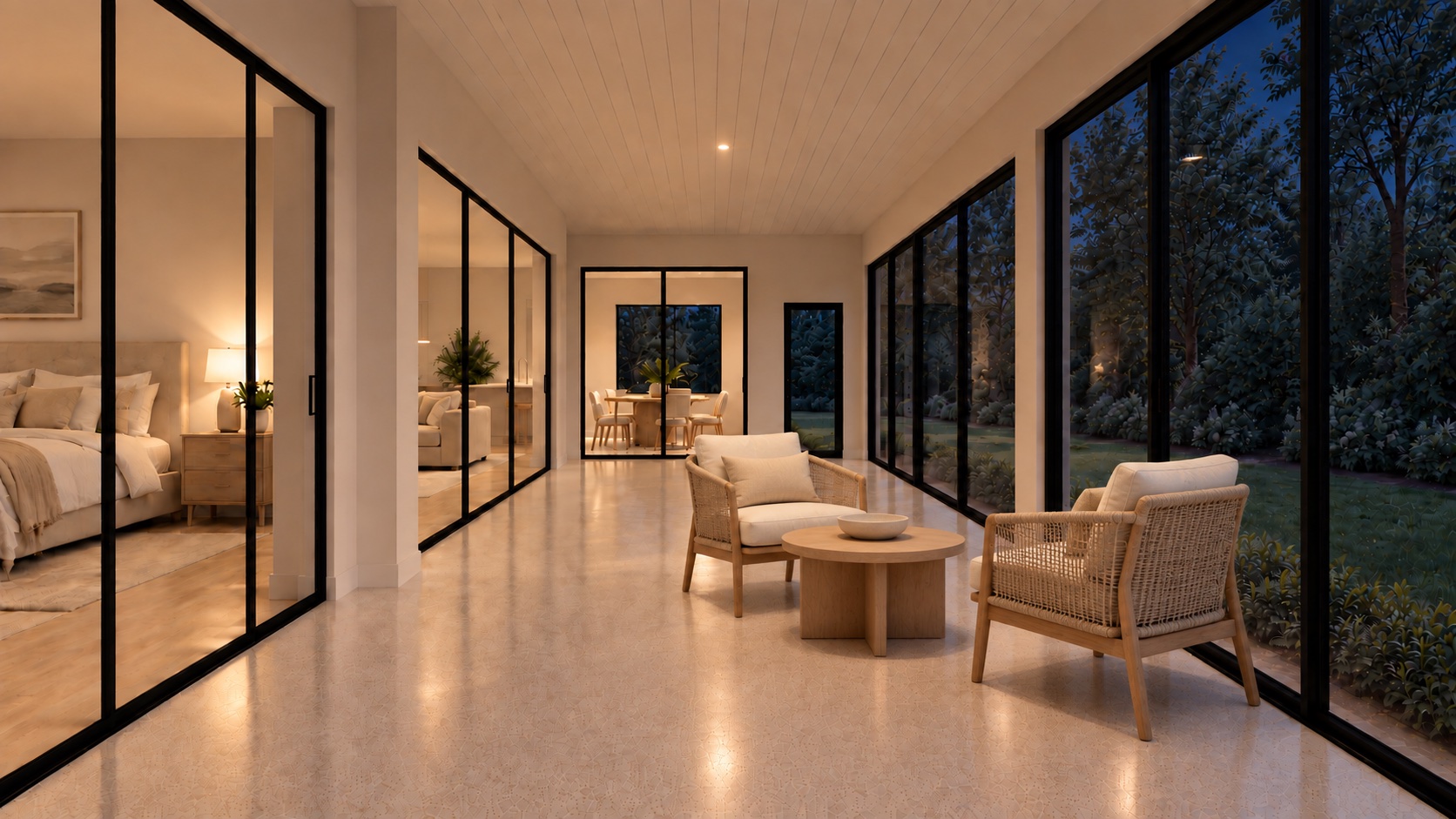 The sunroom at night — warm light over the seating area with the dark woods beyond