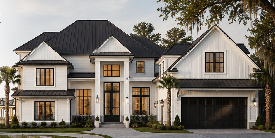 Front elevation of 17 Lynnfield Place — crisp white siding, black metal roof and slim black window frames beneath Lowcountry palms