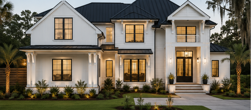 17 Lynnfield Place at dusk — white fiber cement siding, black standing-seam metal roof and black aluminum windows glowing with warm light