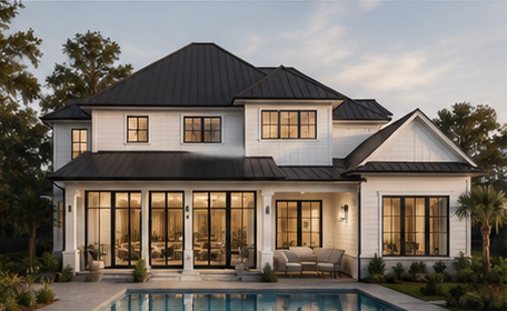 Rear elevation of the residence at dusk with covered porch, pool and wooded backdrop