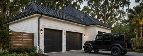 Garage massing with white siding, black metal roof and black carriage doors