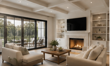 Great room with coffered ceiling, fireplace and walls of glass opening to the porch