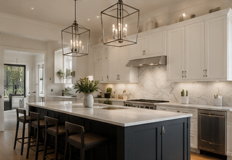 Gourmet kitchen with white cabinetry, dark island and lantern pendants