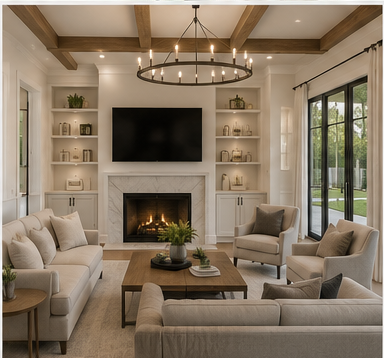 Living room with beamed ceiling, ring chandelier and fireplace wall of built-ins