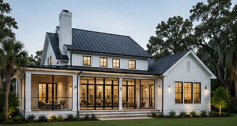 The rear porch fully open to the backyard through expansive sliding systems