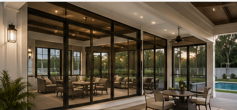 The porch fully enclosed as a protected screened retreat with lounge seating