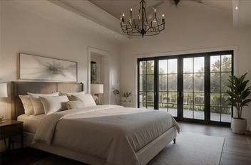 Primary suite with chandelier and black-framed glass overlooking the trees