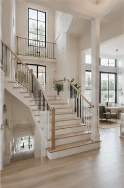 Double-height stair hall with white oak treads and abundant natural light